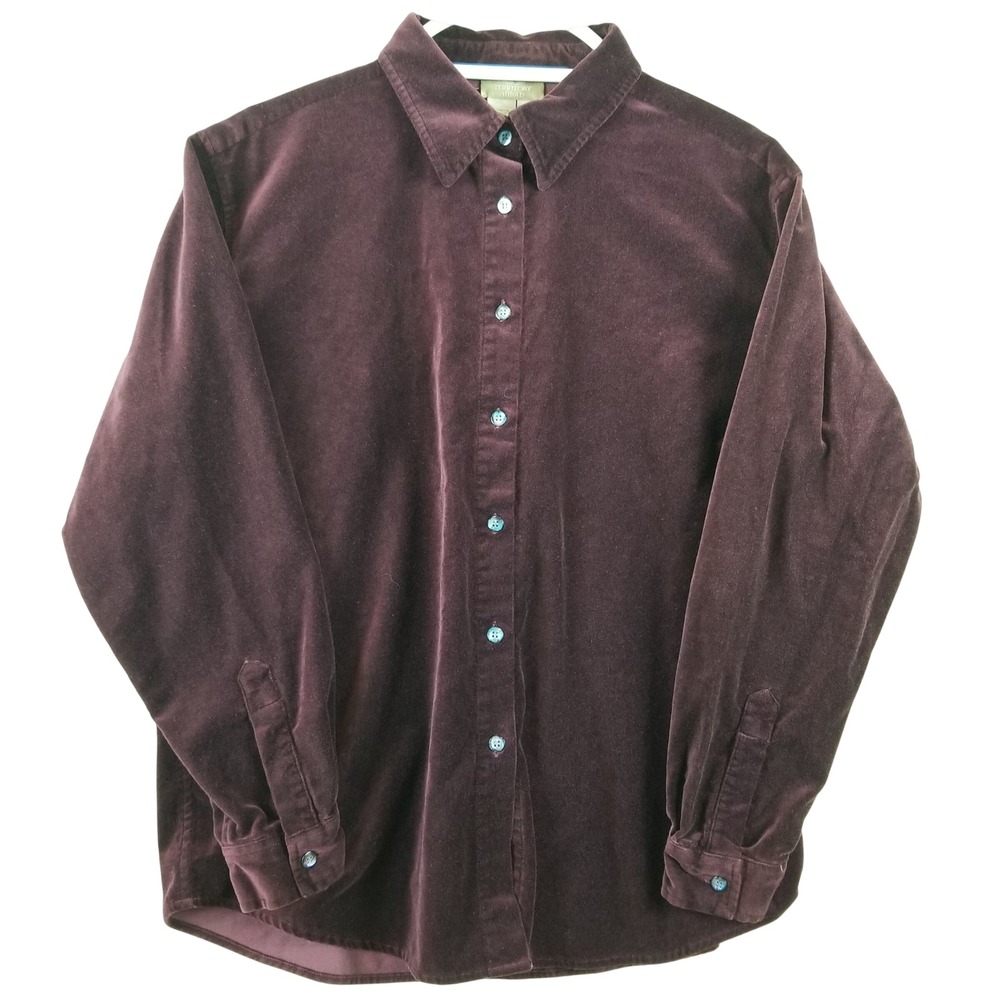 The Territory Ahead Women L Purple Velvet Rayon Cotton Button Up Shirt Long Slv